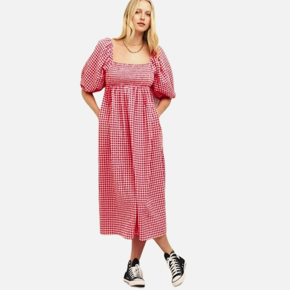Nwot New Look Red/White Gingham Smocked Bodice 3/4 Puffed Sleeve Midi Dress